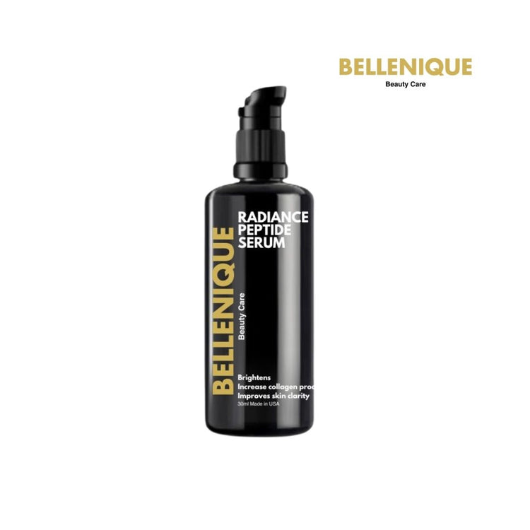Bellenique Radiance Peptide Serum Brightens and Restores elasticity and firmness Fights Free Radiacls Boost clarity Evens and soothes Allowing You to Glow from within Made in USA 30ml