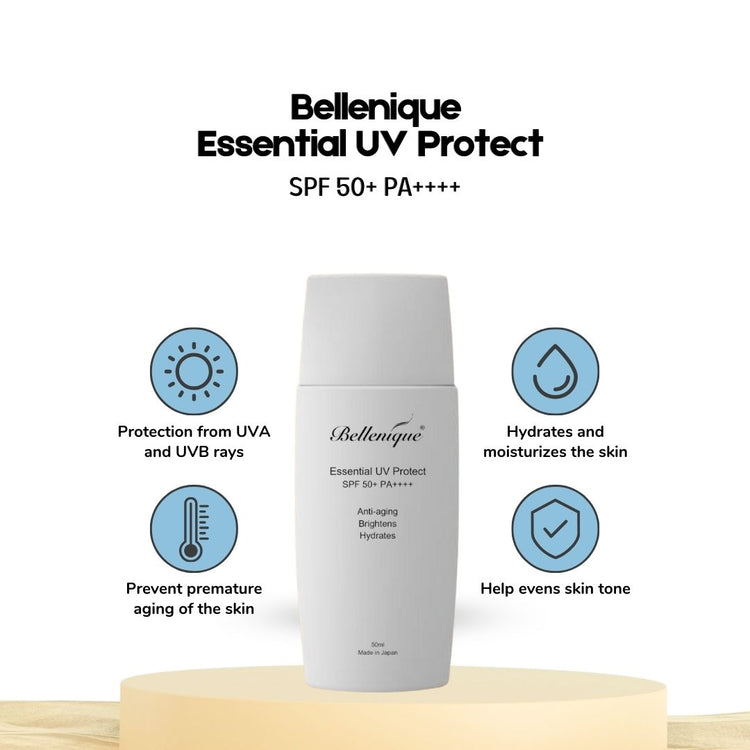 Bellenique Essential UV Protect SPF 50+ PA++++ Protection from UVA and UVB rays Hydrates and moisturizes the skin Helps even skin tone Prevent premature aging of the skin
