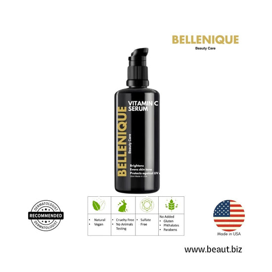 Bellenique Vitamin C Serum Lotion Refines and brightens skin, leaving a glowing complexion Prevents pre-mature aging Diminish the ppearance of wrinkles 30ml Made in USA