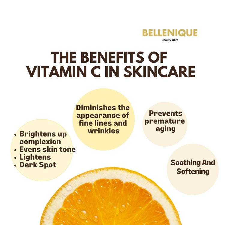 Bellenique Vitamin C Serum Helps slow down premature skin aging Brightening and evening out skin tone Boosting collagen production Nourishes and repairs damaged skin 