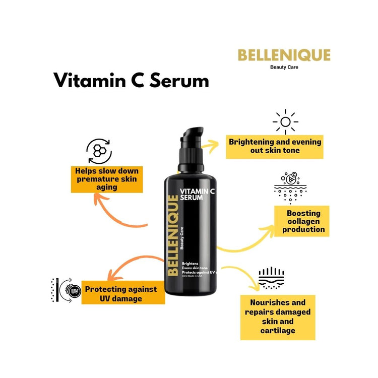 Bellenique Vitamin C Serum Helps slow down premature skin aging Brightening and evening out skin tone Boosting collagen production Nourishes and repairs damaged skin 