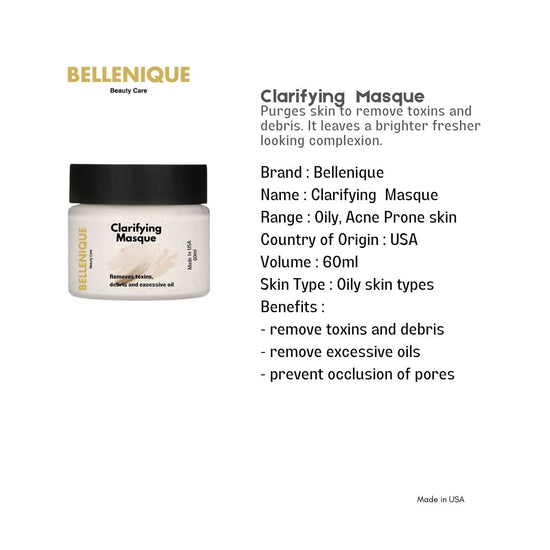 Bellenique Clarifying Masque Purges skin to remove toxins and debris. It leaves a brighter fresher looking complexion.60ml Made in USA