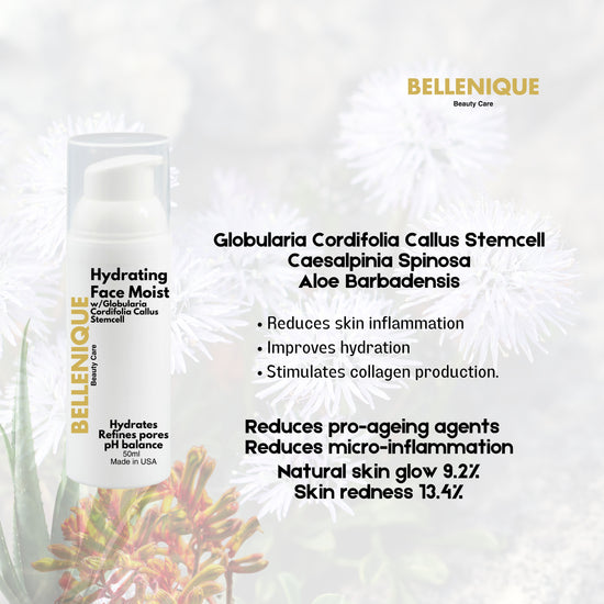 Bellenique Face Hydrating Moist with Globularia Cordifolia Callus Stemcell Hydrates and Calms Reduces wrinkles Enhances skin glow 50ml Made in USA
