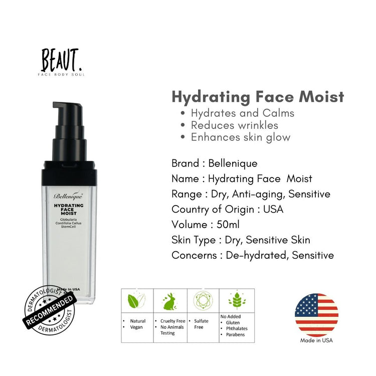 Bellenique Face Hydrating Moist with Globularia Cordifolia Callus Stemcell Hydrates and Calms Reduces wrinkles Enhances skin glow 50ml Made in USA - BEAUT.