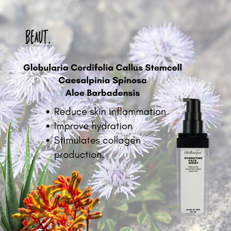 Bellenique Face Hydrating Moist with Globularia Cordifolia Callus Stemcell Hydrates and Calms Reduces wrinkles Enhances skin glow 50ml Made in USA - BEAUT.