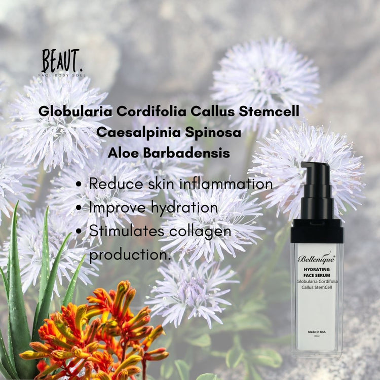 Bellenique Hydrating Face Serum with Globularia Cordifolia Callus Stemcell Hydrates and Calms Reduces wrinkles Enhances skin glow 50ml Made in USA - BEAUT.