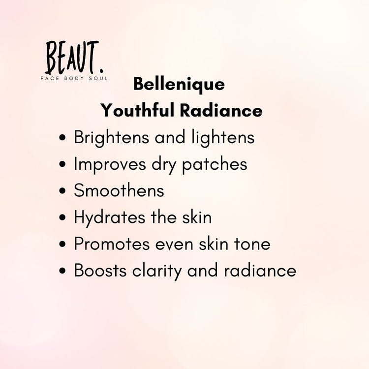 Bellenique Youthful Radiance Addresses uneven skin tone to promote a smoother, younger-looking visage with a healthy glow. 50ml Made in USA - BEAUT.