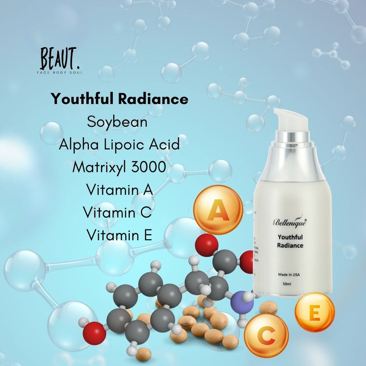 Bellenique Youthful Radiance Addresses uneven skin tone to promote a smoother, younger-looking visage with a healthy glow. 50ml Made in USA - BEAUT.