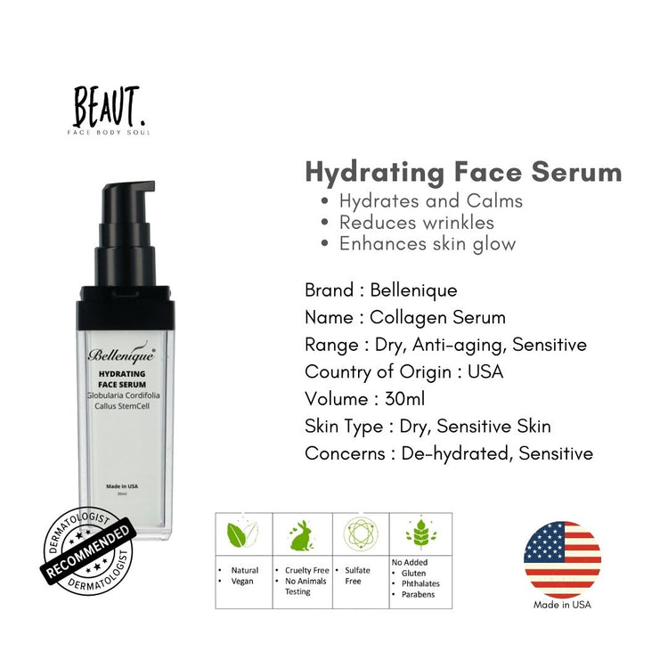 Bellenique Hydrating Face Serum with Globularia Cordifolia Callus Stemcell Hydrates and Calms Reduces wrinkles Enhances skin glow 50ml Made in USA - BEAUT.
