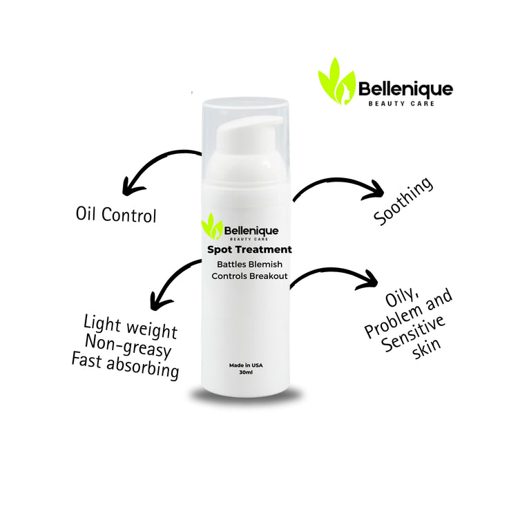 Bellenique Spot Treatment No added alcohol Light weight Non greasy and fast absorbing. Battles blemish and controls breakout.  It soothing and controls oil production Suis Oily Problem and Sensitive skin. 30ml Made in USA