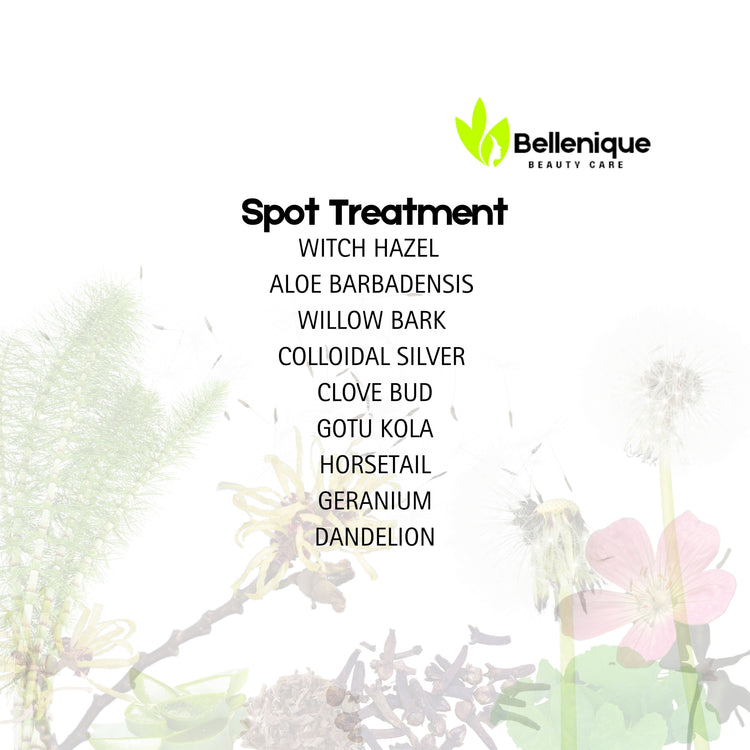 Bellenique Spot Treatment WITCH HAZEL   ALOE BARBADENSIS  WILLOW BARK  COLLOIDAL SILVER  CLOVE BUD GOTU KOLA HORSETAIL GERANIUM DANDELION