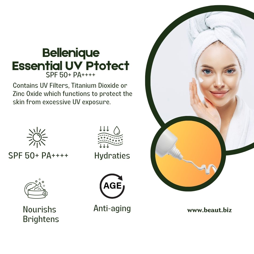 Bellenique Essential UV Ptotect SPF 50+ PA++++Contains UV Filters, Titanium Dioxide or Zinc Oxide which functions to protect the skin from excessive UV exposure. Hydrates, Brightens Anti-aging