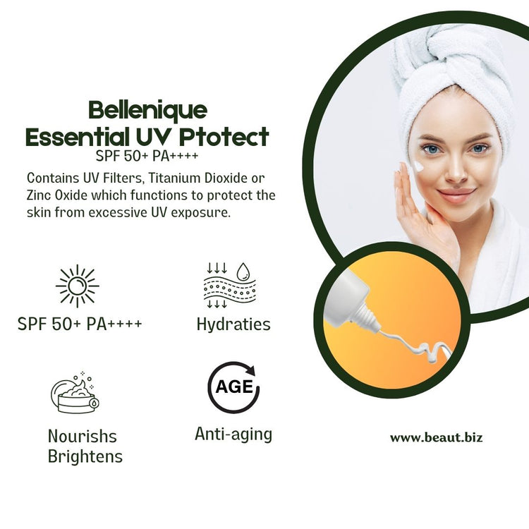 Bellenique Essential UV Ptotect SPF 50+ PA++++Contains UV Filters, Titanium Dioxide or Zinc Oxide which functions to protect the skin from excessive UV exposure. Hydrates, Brightens Anti-aging