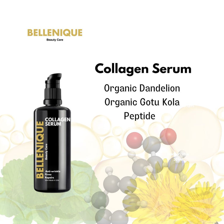 Bellenique Collagen Serum Has Dandelion to brighten and Peptide to fiem and lift 