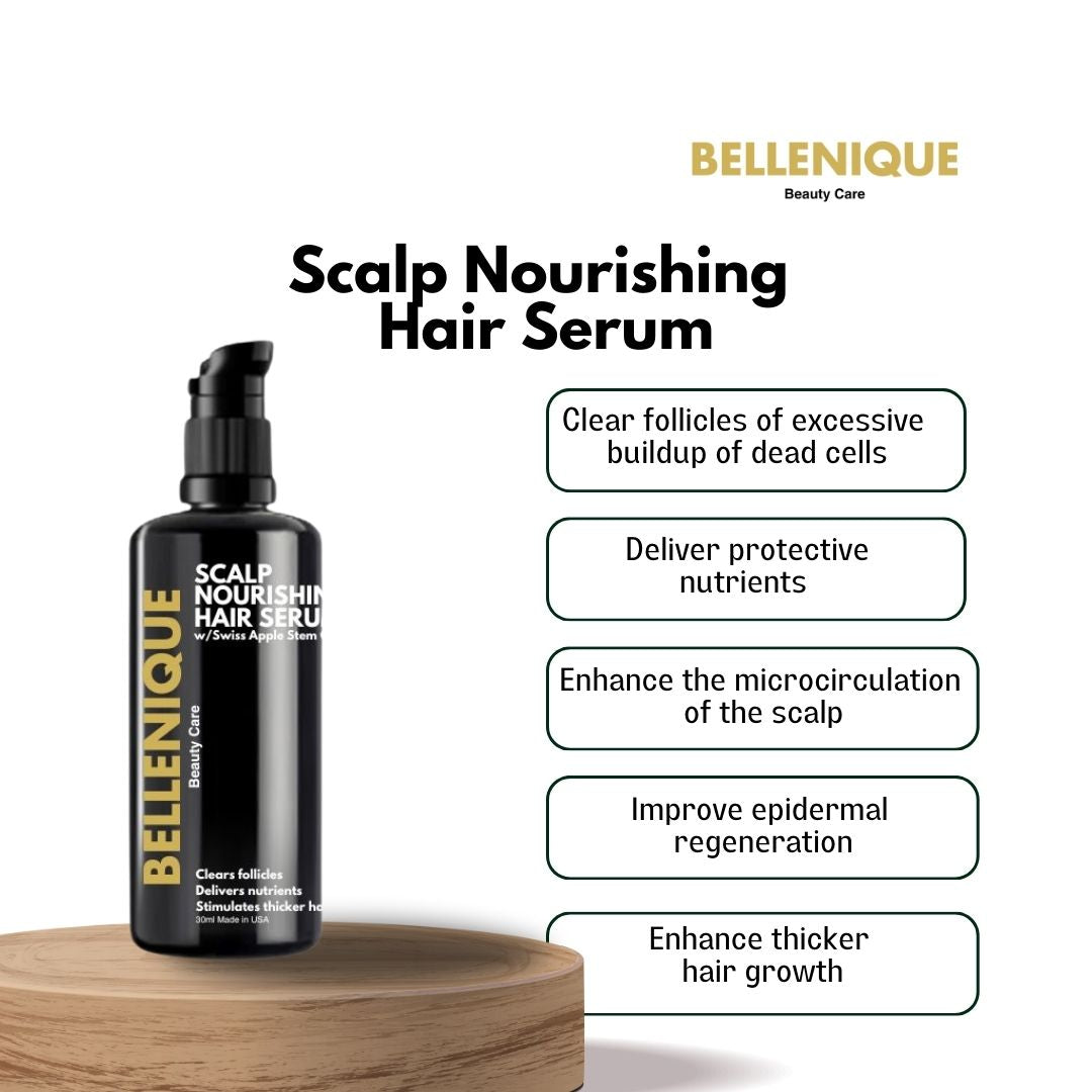 Bellenique Scalp Nourishing Serum with Swiss Apple Stem Cell addresses hair and scalp health at the cellular level.Clear follicles of excessive  buildup of dead cellsEnhance the microcirculation  of the scalp Enhance thicker  hair growth