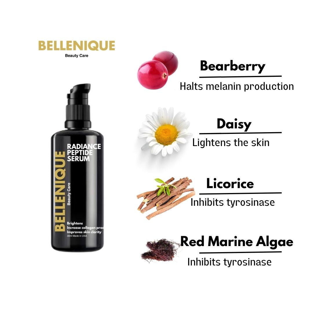 Bellenique Radiance Peptide Serum Bearberry Halts melanin production Daisy lightens skin Licorice and Red Marine Algae inhibits tyrosinase