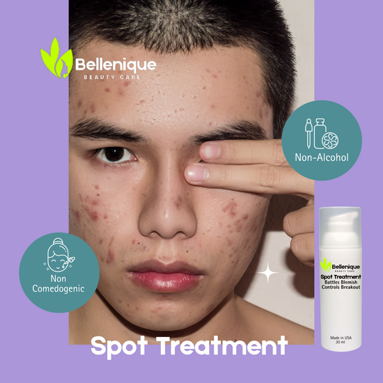 Bellenique Spot Treatment No added alcohol Light weight Non greasy and fast absorbing. Battles blemish and controls breakout.  It soothing and controls oil production Suis Oily Problem and Sensitive skin. 30ml Made in USA