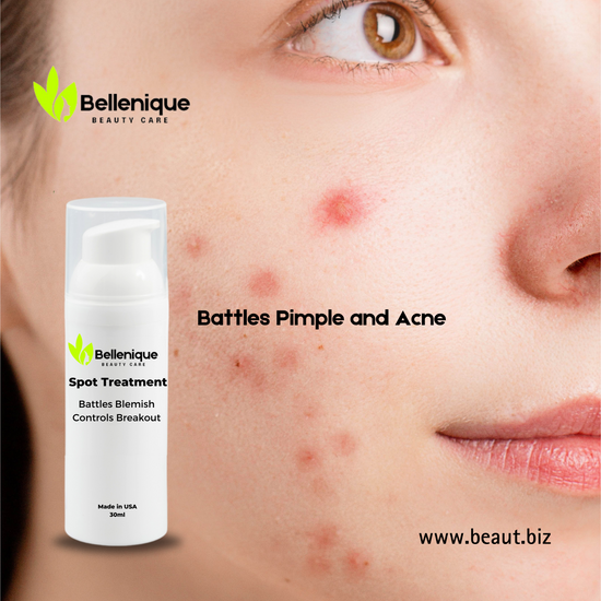 Bellenique Spot Treatment Battles pimples and acne. No added alcohol Light weight Non greasy and fast absorbing. Battles blemish and controls breakout.  It soothing and controls oil production Suis Oily Problem and Sensitive skin. 30ml Made in USA
