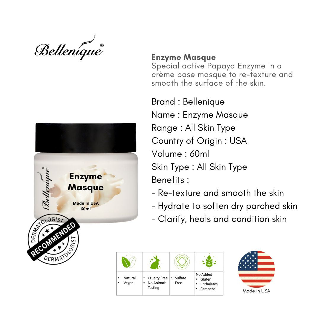 Bellenique Enzyme Masque with special active Papaya Enzyme in a crème base masque to re-texture and smooth the surface of the skin. 60ml Made in USA - BEAUT.