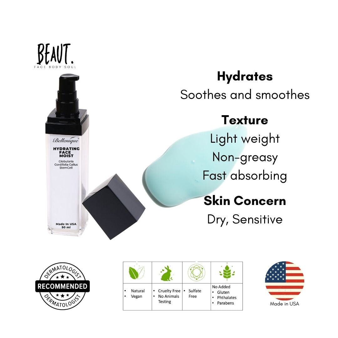 Bellenique Face Hydrating Moist with Globularia Cordifolia Callus Stemcell Hydrates and Calms Reduces wrinkles Enhances skin glow 50ml Made in USA - BEAUT.