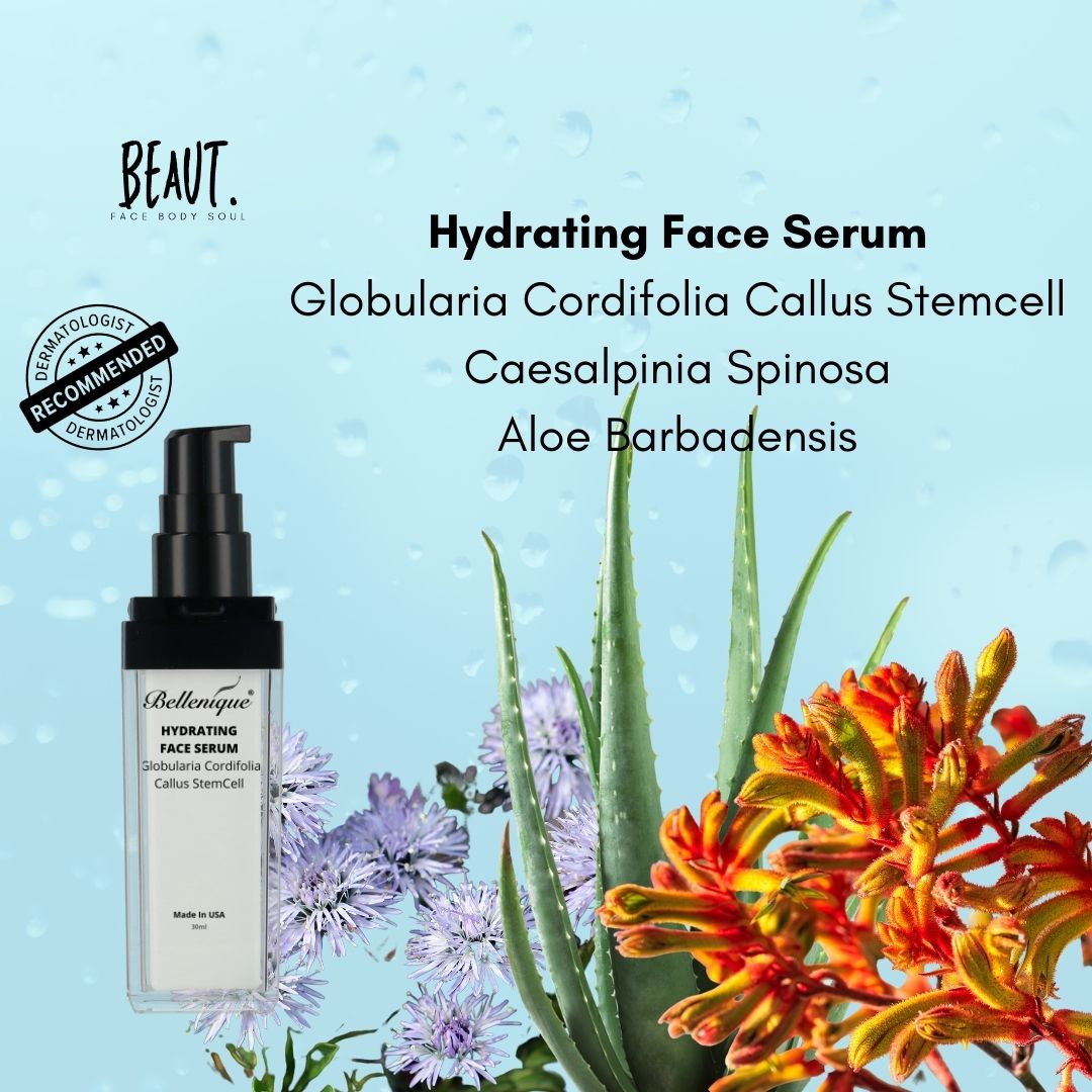 Bellenique Hydrating Face Serum with Globularia Cordifolia Callus Stemcell Hydrates and Calms Reduces wrinkles Enhances skin glow 50ml Made in USA - BEAUT.