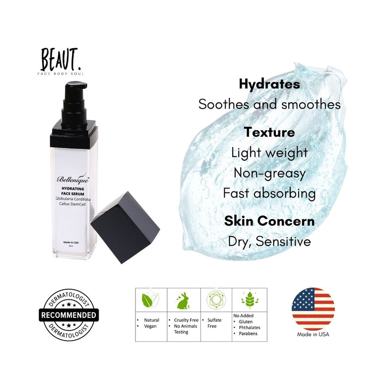 Bellenique Hydrating Face Serum with Globularia Cordifolia Callus Stemcell Hydrates and Calms Reduces wrinkles Enhances skin glow 50ml Made in USA - BEAUT.