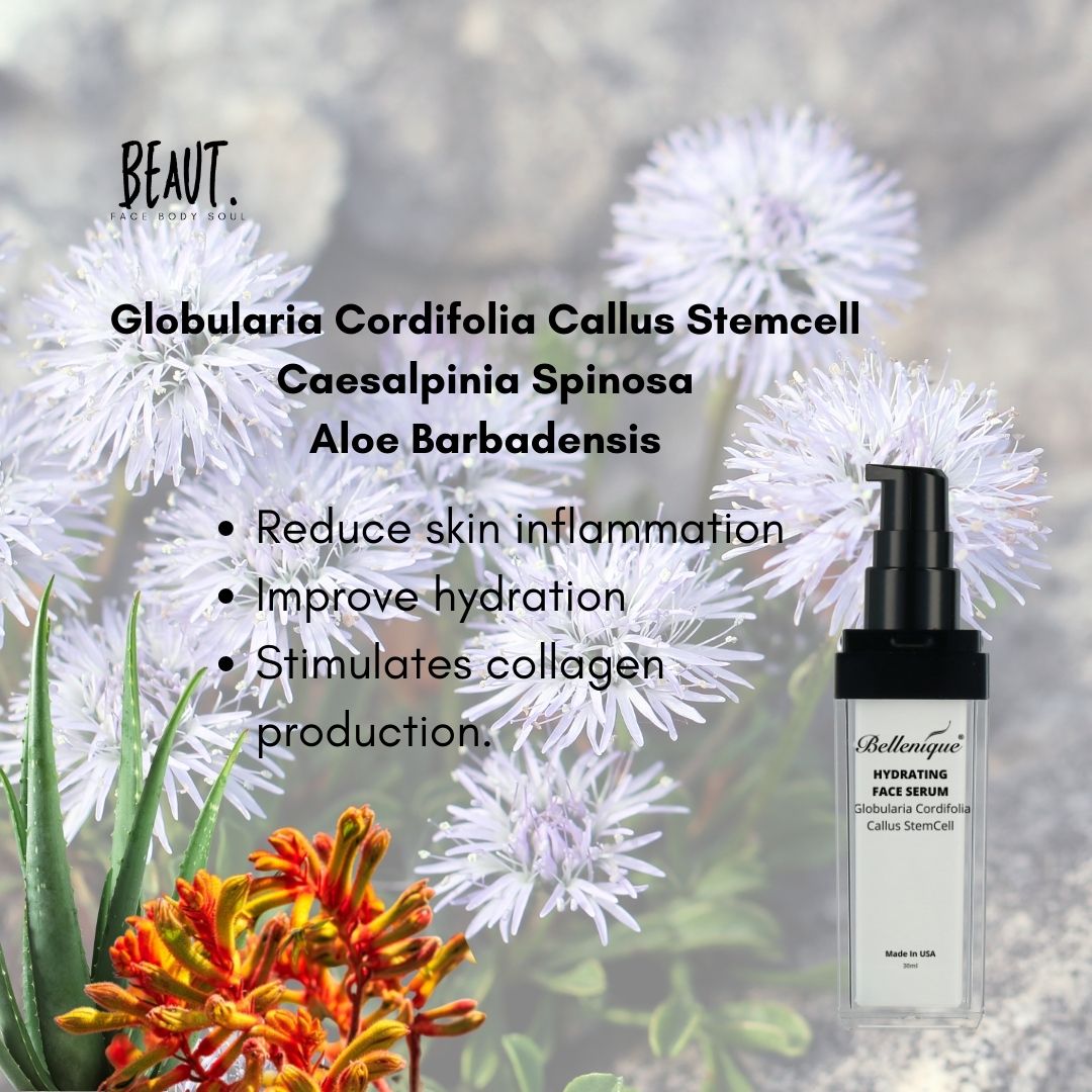Bellenique Hydrating Face Serum with Globularia Cordifolia Callus Stemcell Hydrates and Calms Reduces wrinkles Enhances skin glow 50ml Made in USA - BEAUT.