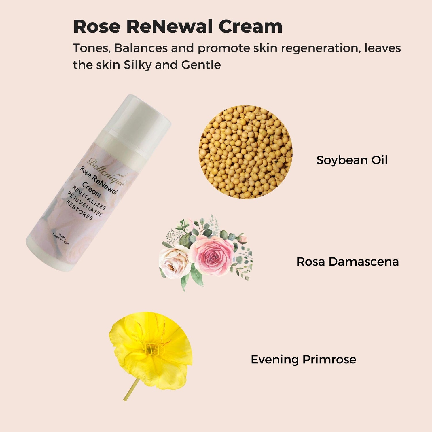 Rose ReNewal Cream Tones, Balances and promote skin regeneration, leaves the skin silky and smooth 100ml Made in USA - BEAUT.