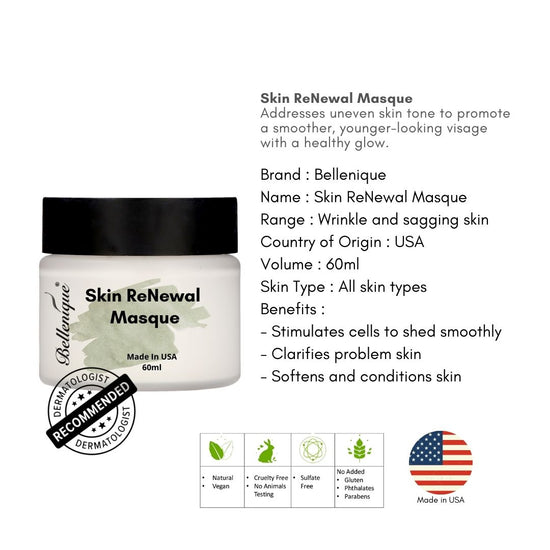 Bellenique Skin ReNewal Masque addresses uneven skin tone to promote a smoother, younger-looking visage with a healthy glow.60ml Made in USA - BEAUT.
