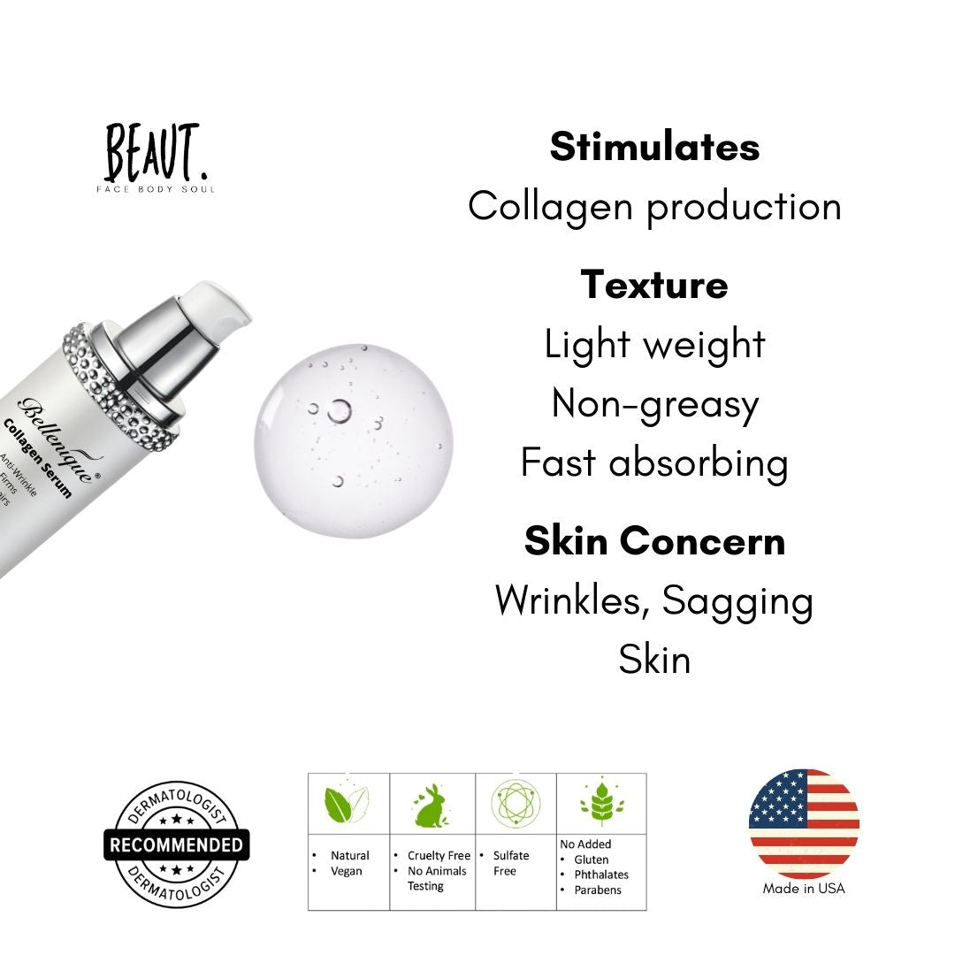 Bellenique Collagen Serum Pumps, lifts & firms Erases & prevents wrinkles Restores elasticity & firmness 30ml Made in USA - BEAUT.