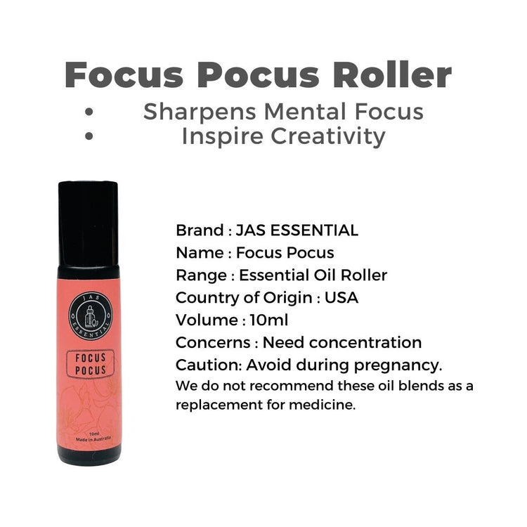 JAS ESSENTIAL Focus Pocus Essential Oil Roller Sharpens Mental Focus Inspire Creativity 10ml - BEAUT.