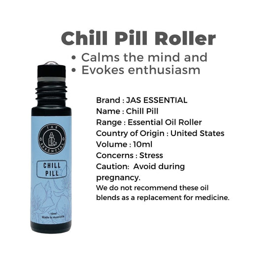 JAS ESSENTIAL Chill Pill Essential Oil Roller Calms the mind and Evokes enthusiasm Made in Australia (10ml) - BEAUT.